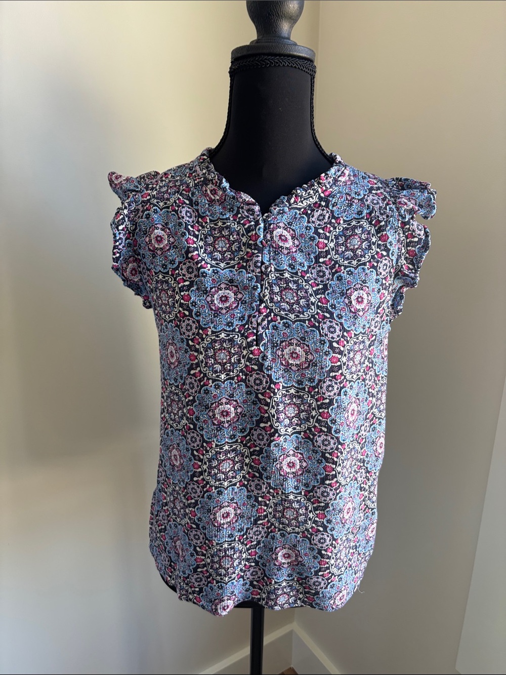 LOFT Blue and Pink Floral Medallion Ruffle Cap Sleeve Top